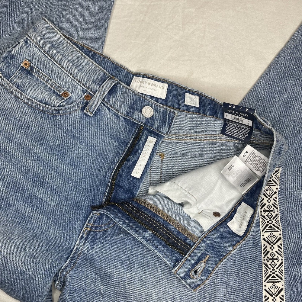 Lucky Brand Relaxed Taper Ankle Jeans Womens 6/28 Raw Hem Side Stripe Distressed - Picture 6 of 13